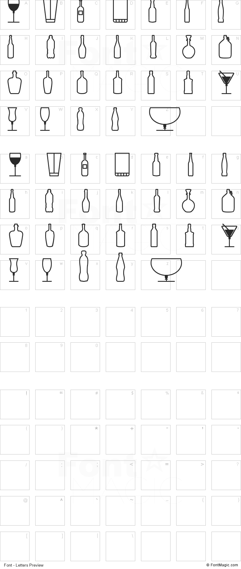 Glass and bottles St Font - All Latters Preview Chart